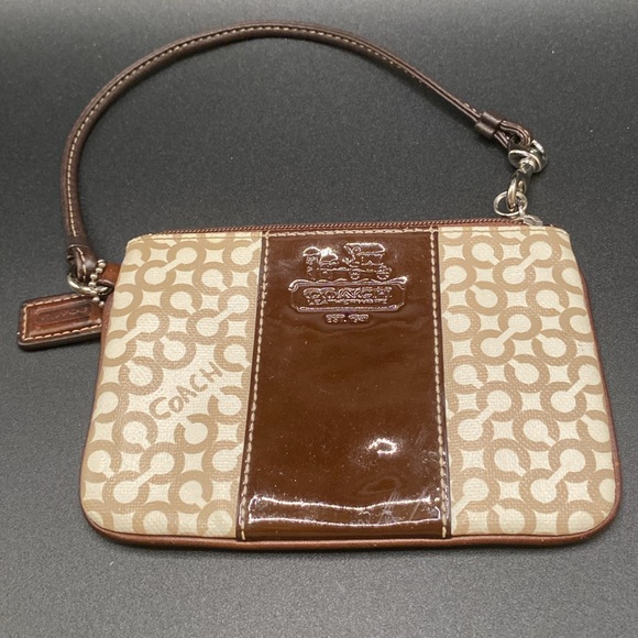 Coach Rare Penelope Op Art Wristlet Brown Patent Leather and Coates Canvas - Picture 2 of 4